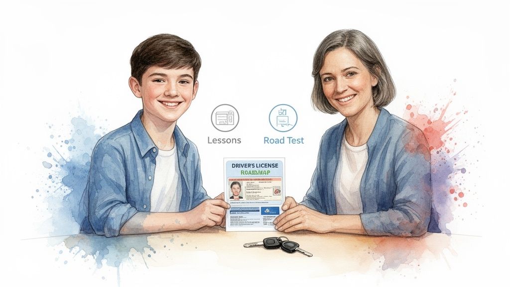 A smiling boy and woman hold a driver's license roadmap, with icons for lessons and road test, and car keys on a table.