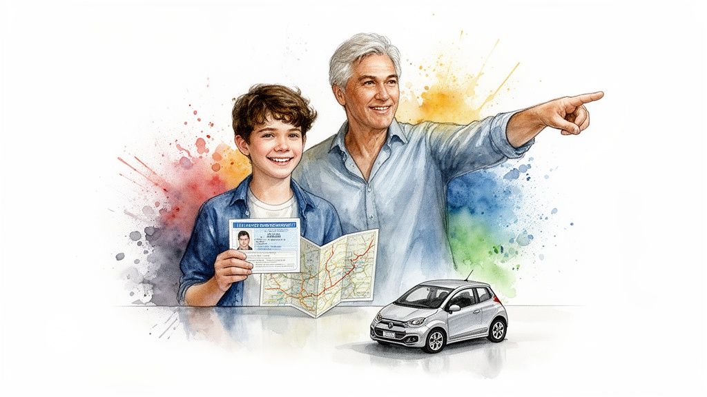 Watercolor illustration of a boy with a driver's license and map, a man pointing, and a small silver car.