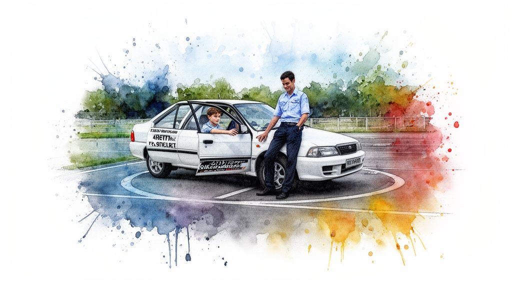 A man and a boy are next to a white driving education car on a track, with watercolor art.