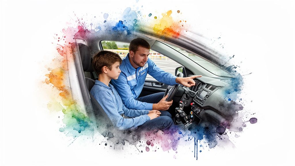 A man in a uniform teaches a young boy about car controls in the driver's seat, with colorful watercolor art.