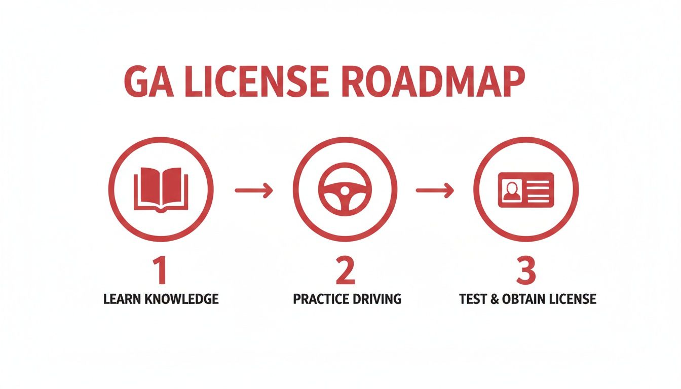 Infographic showing the GA Driver's License Roadmap with three steps: Learn Knowledge, Practice Driving, Test and Obtain License.