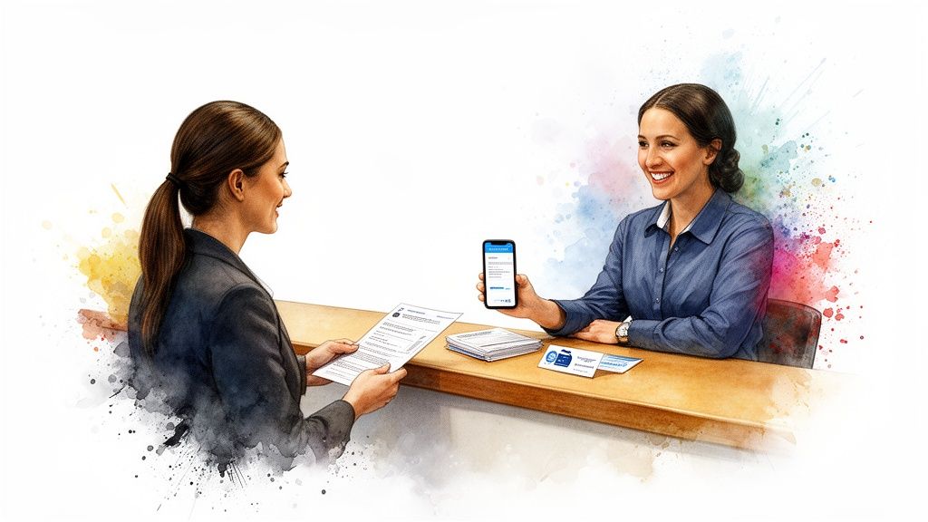 Two smiling women in a watercolor illustration, one showing a phone, the other holding documents, at a desk.