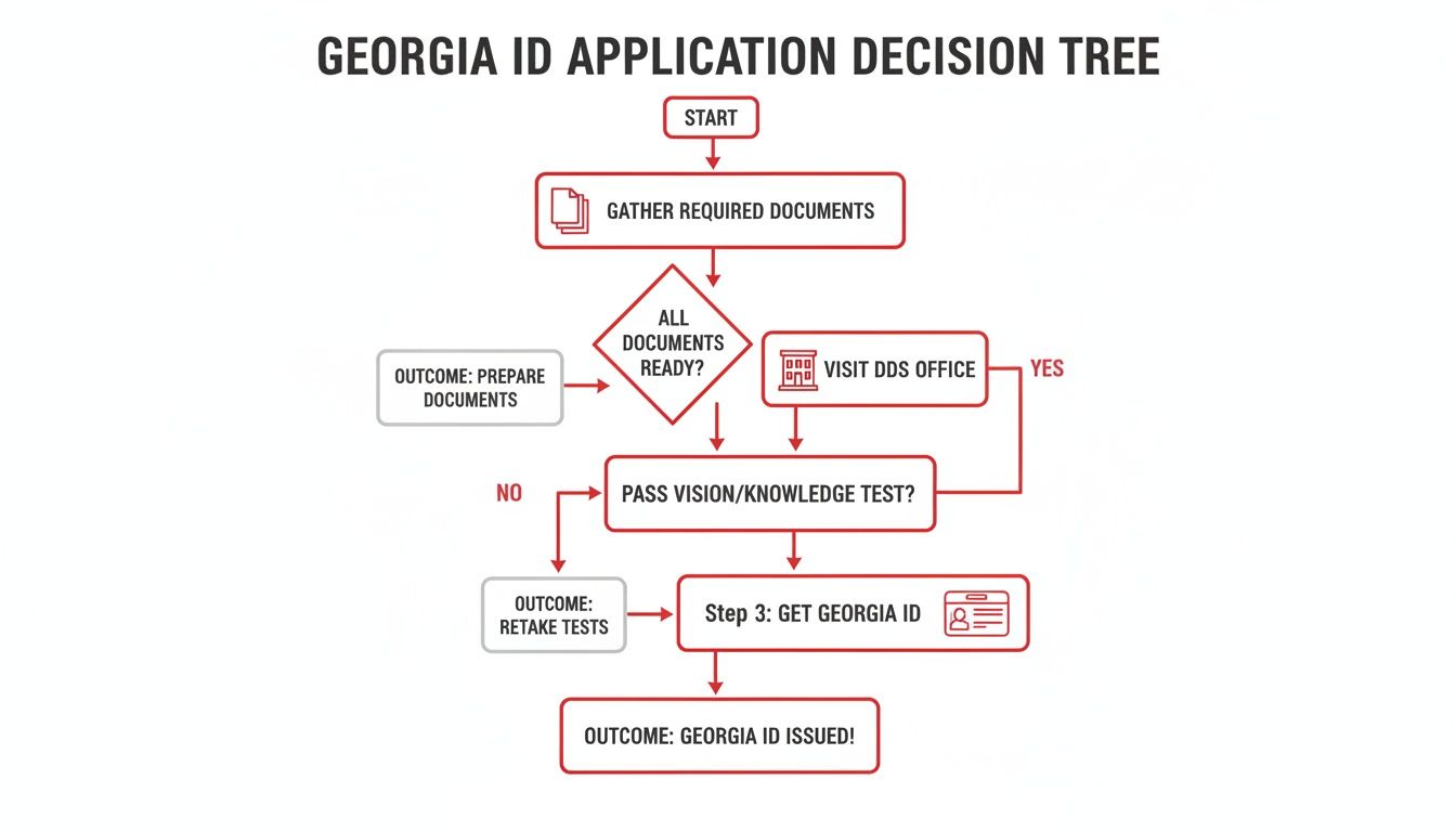 Georgia ID application process flowchart detailing steps from start to issue, including document readiness and tests.