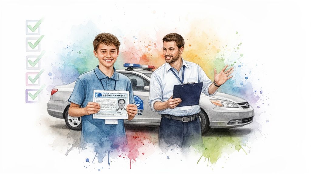 Smiling boy holds a learner permit with an instructor and driving school car, celebrating a milestone.