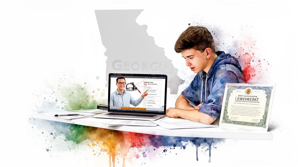 Young male student studying online for a Georgia driver's license, with a certificate on the desk.