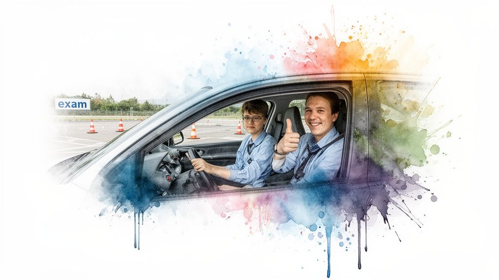 Two happy men in a car during a driving exam, one giving a thumbs-up.