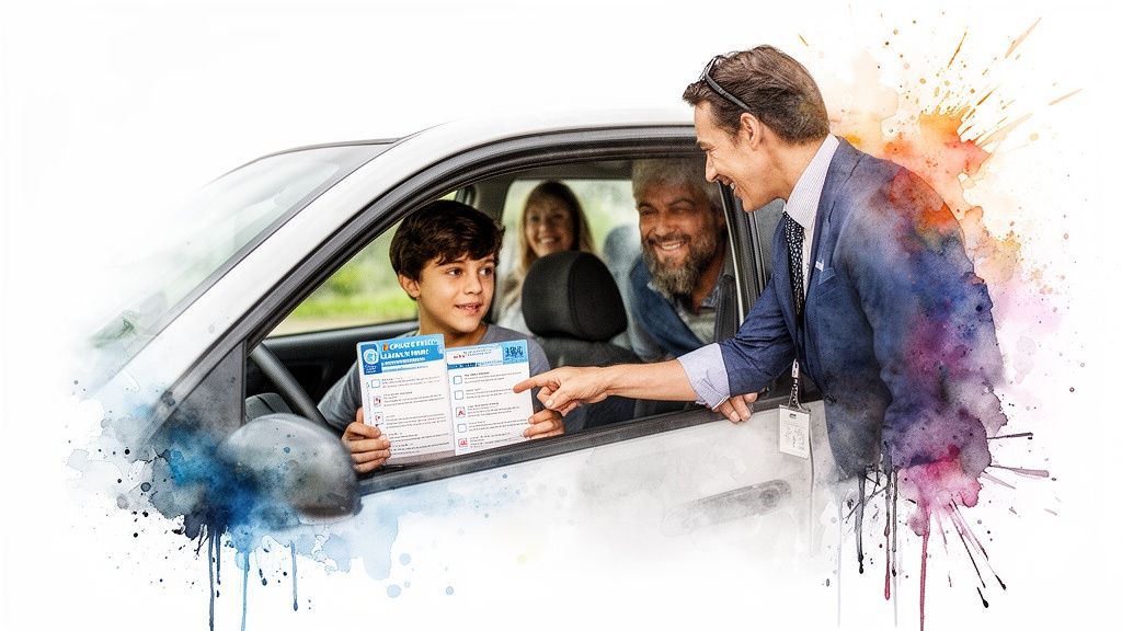 A smiling man points at a driving checklist held by a boy in a car with his family.