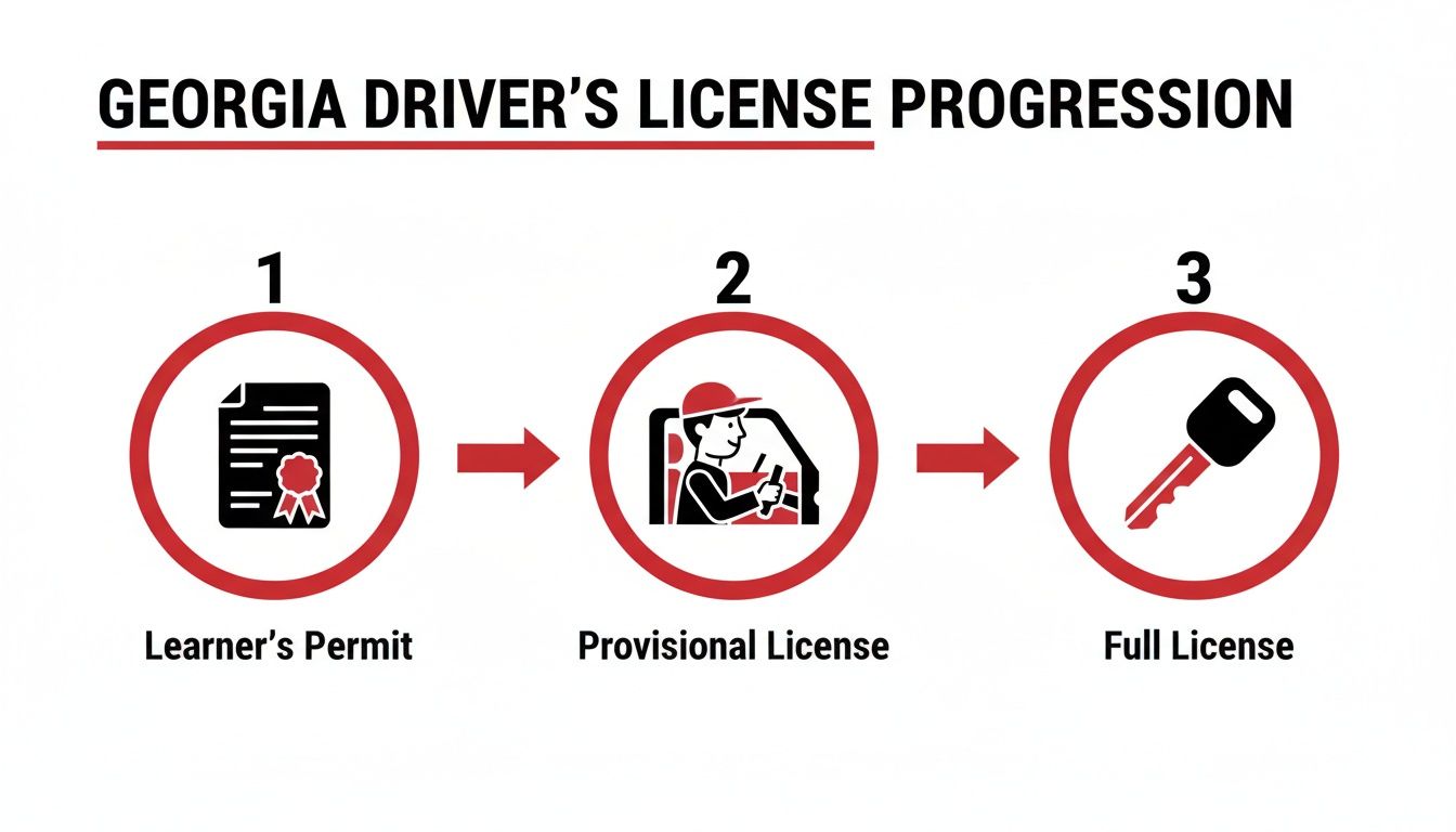 Infographic showing the three-step Georgia driver's license progression: Learner's Permit, Provisional License, Full License.