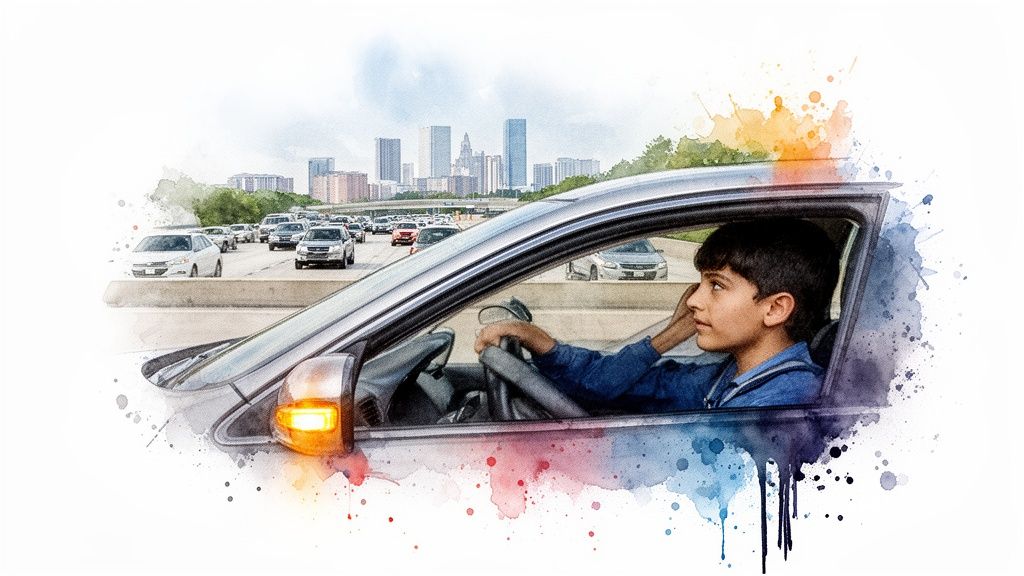Young boy in driver's seat of car on a busy highway, looking out the side window.