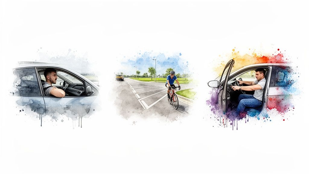 Watercolor illustrations of a driver with an arm out, a cyclist on the road, and a person getting into a car.