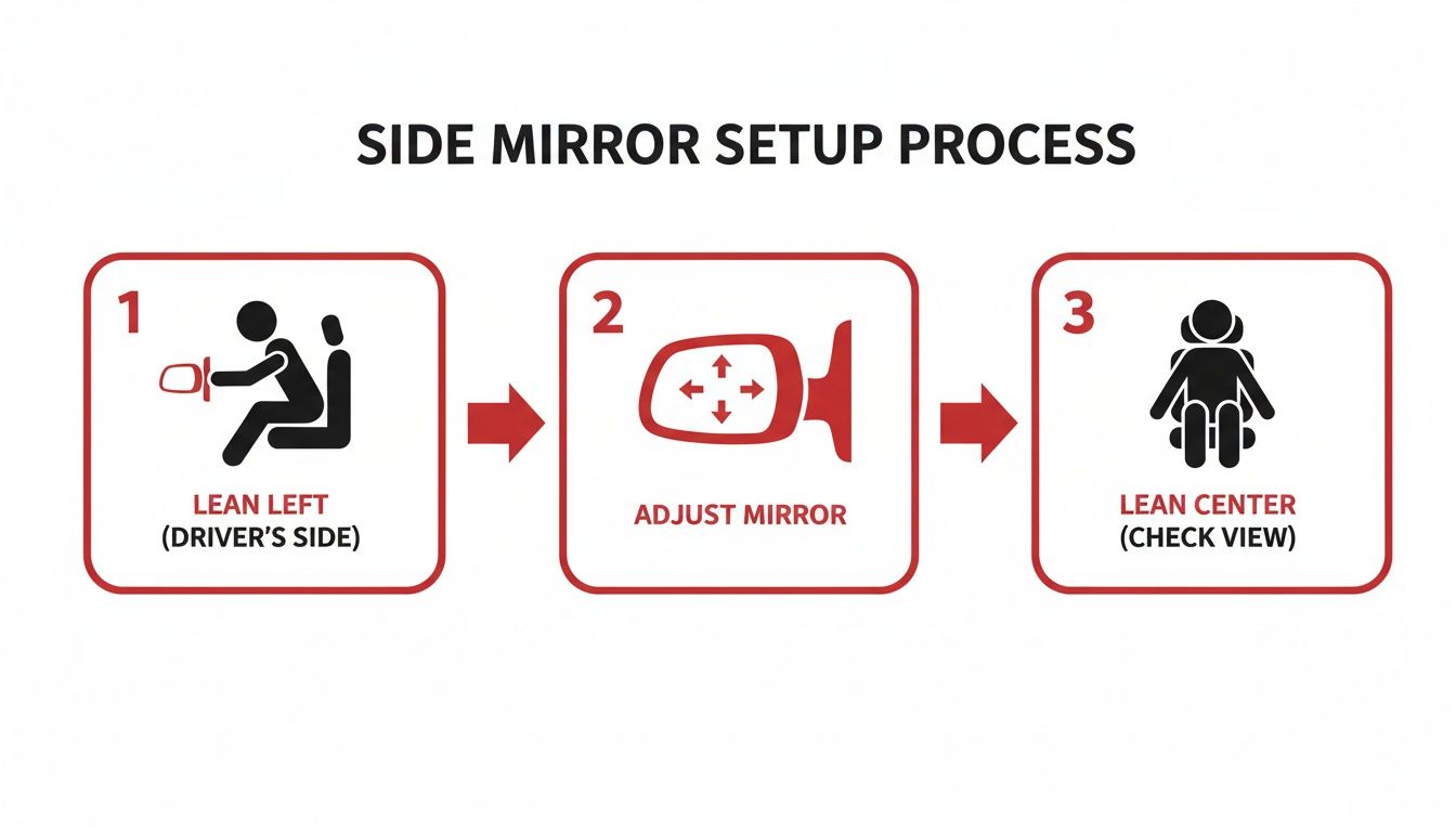 Three-step diagram illustrating the side mirror setup process: lean left, adjust mirror, then lean center to check view.