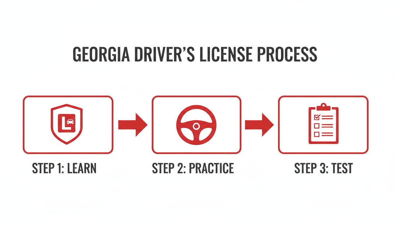 A flowchart illustrates the Georgia Driver's License Process: Step 1 Learn, Step 2 Practice, Step 3 Test, each with a relevant icon.