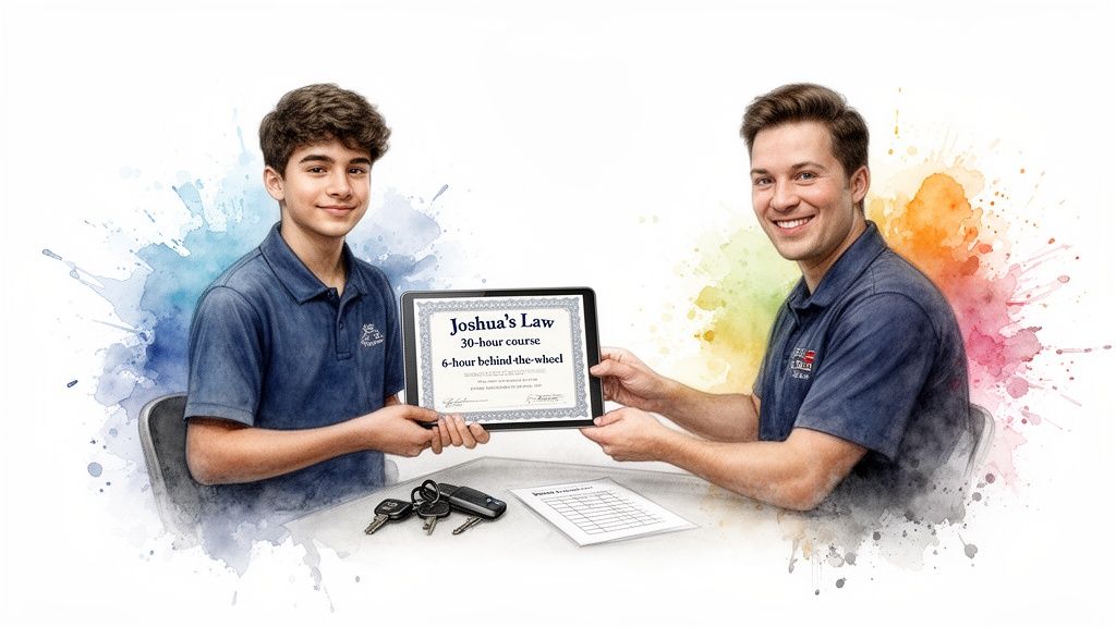 Two smiling men present a Joshua's Law driving course certificate and car keys, celebrating completion.