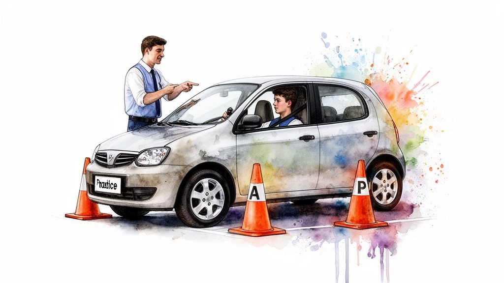 A driving instructor guides a young student during car parking practice, marked by orange cones and a 'Practice' plate.