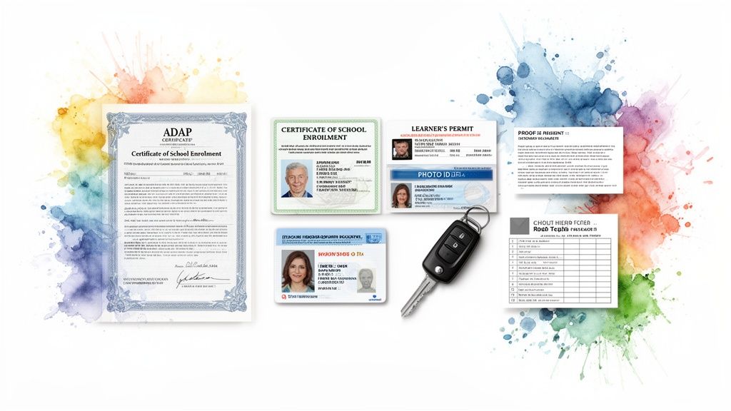 Essential documents and a car key, including school enrollment, learner's permit, and photo ID, needed for a provisional license.