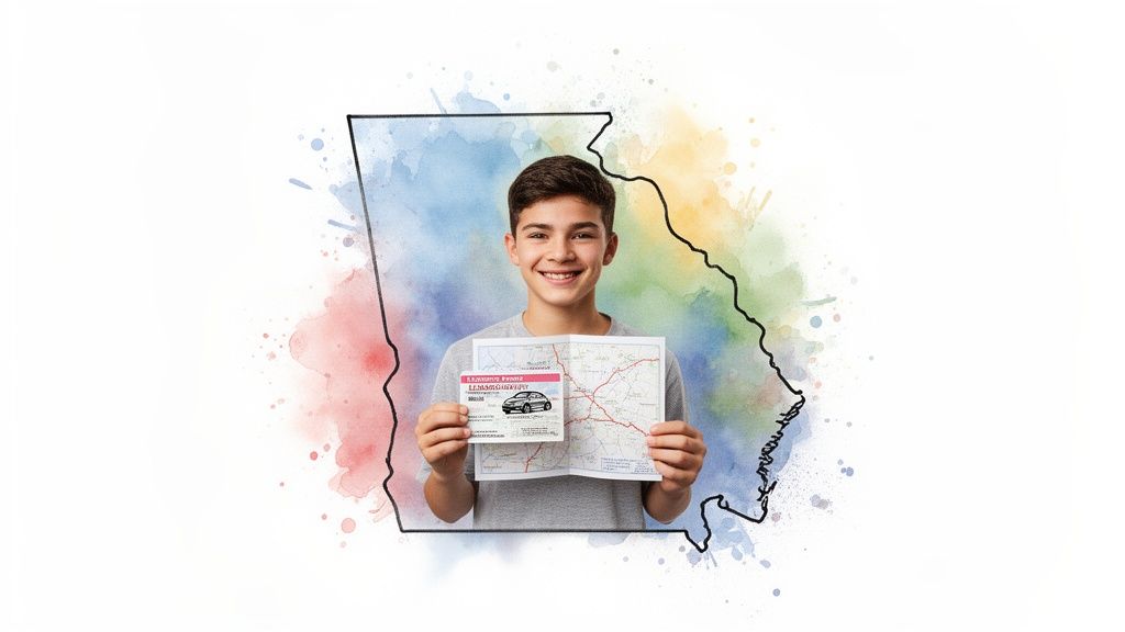 Smiling boy holds a new Georgia driver's permit and a map, set against a colorful state outline.