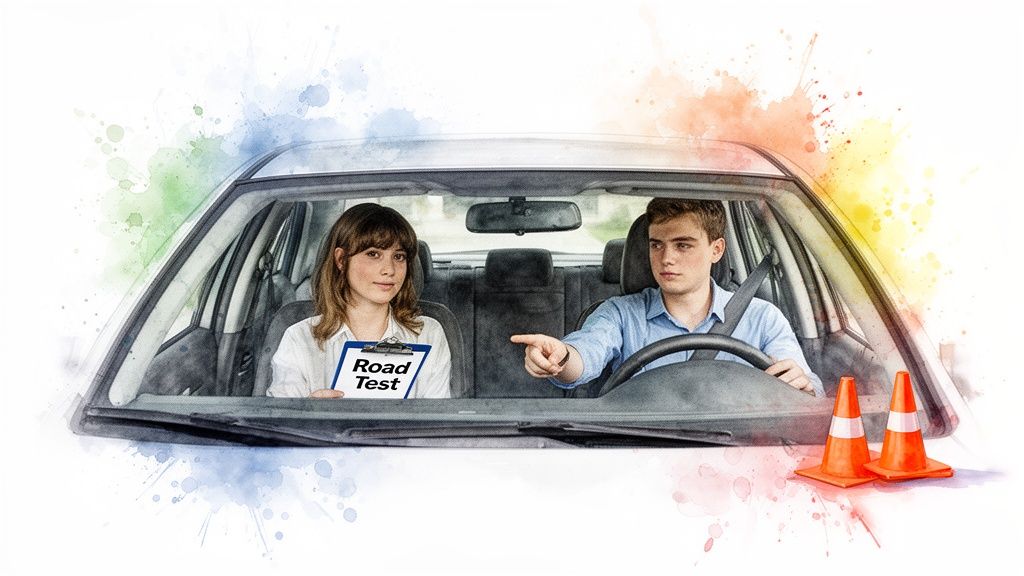 Driving instructor with a 'Road Test' clipboard and student driver pointing in a car with cones.