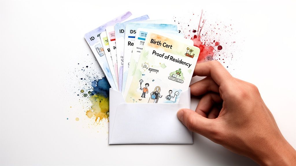 Hand holding an envelope with various official documents like ID, birth certificate, and proof of residency.