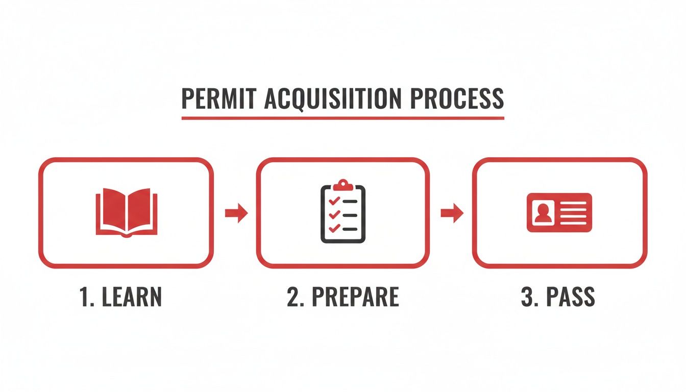 A three-step permit acquisition process diagram: 1. Learn (book), 2. Prepare (checklist), 3. Pass (ID card).