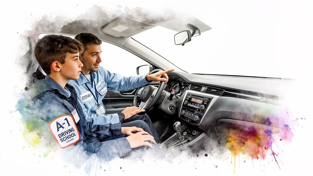 A male driving instructor teaches a young male student how to drive a car.