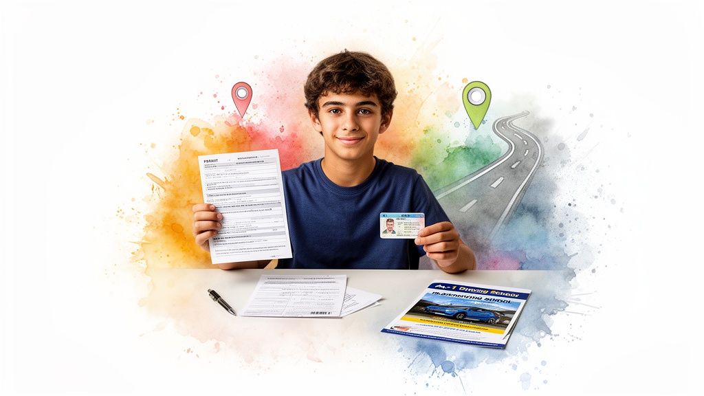 Smiling young boy holding a driving permit and license, ready to start driving school.