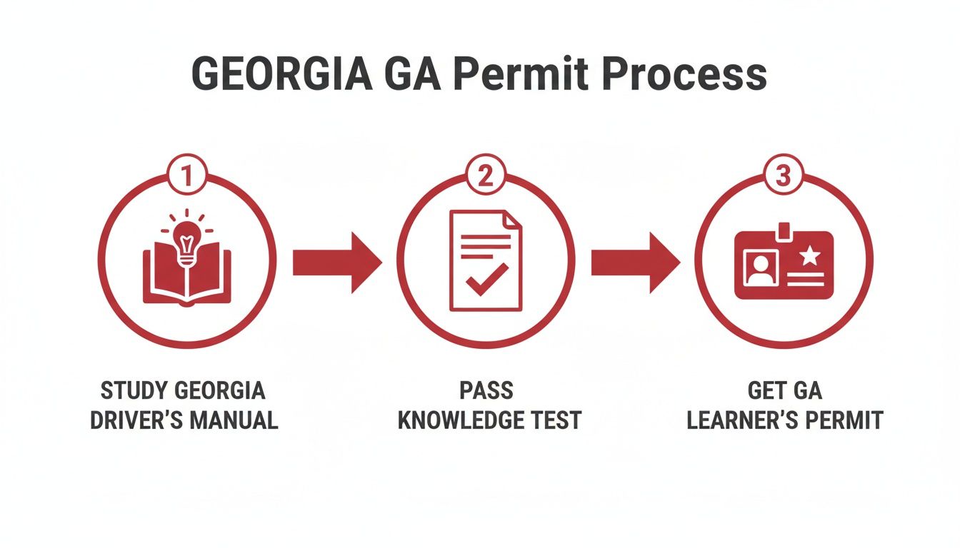 A three-step infographic showing the Georgia GA permit process: study manual, pass test, get permit.