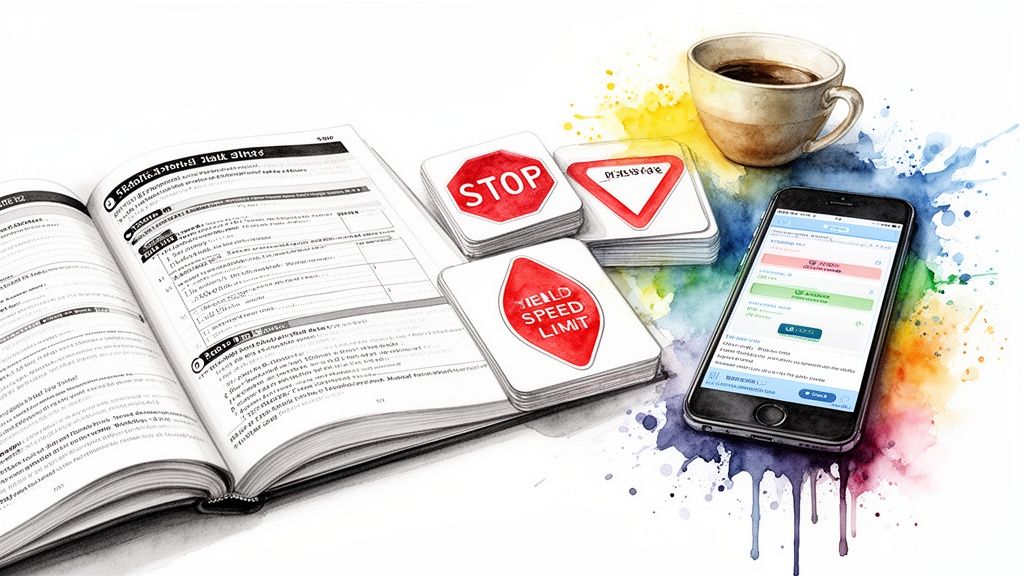 Driving test study scene with an open textbook, road sign flashcards, a smartphone, and coffee.