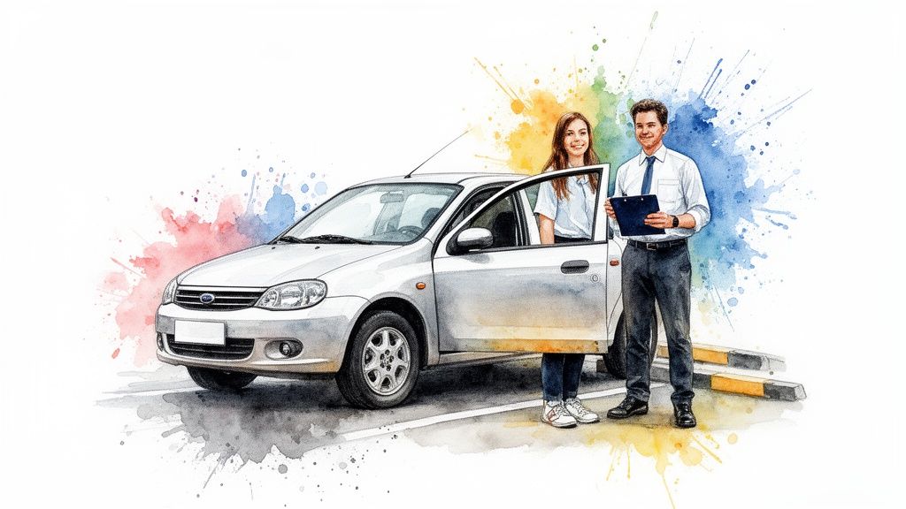 A smiling young woman by a silver car with an open door and a male driving instructor.