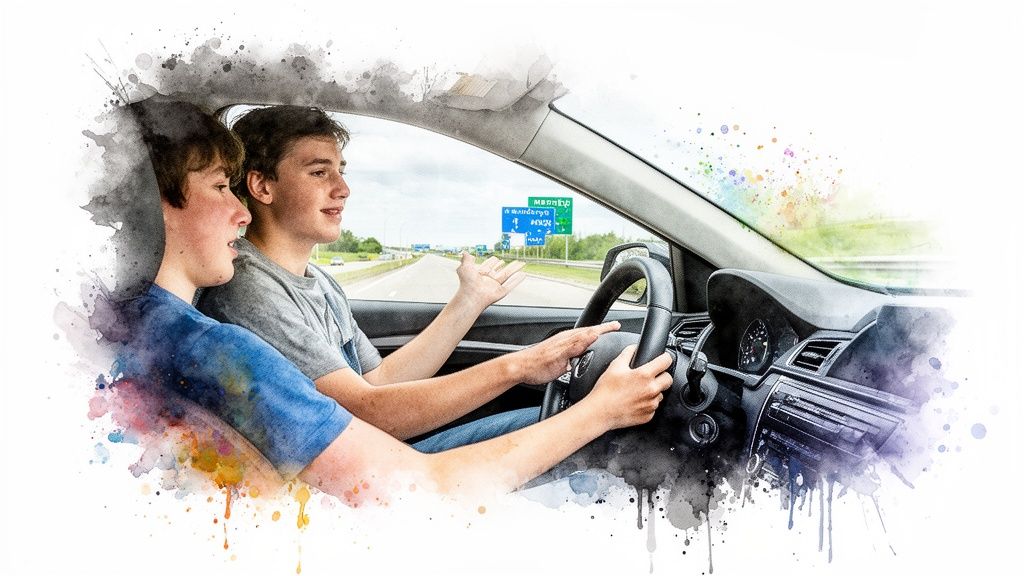 Two young men in a car on a highway, one driving and the other listening, watercolor effect.