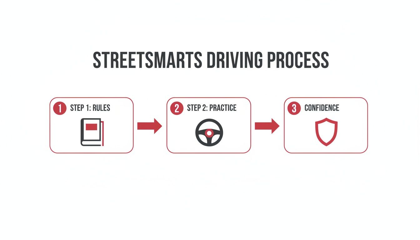 Infographic outlining the StreetSmarts driving process: rules, practice, and confidence, with icons for each step.