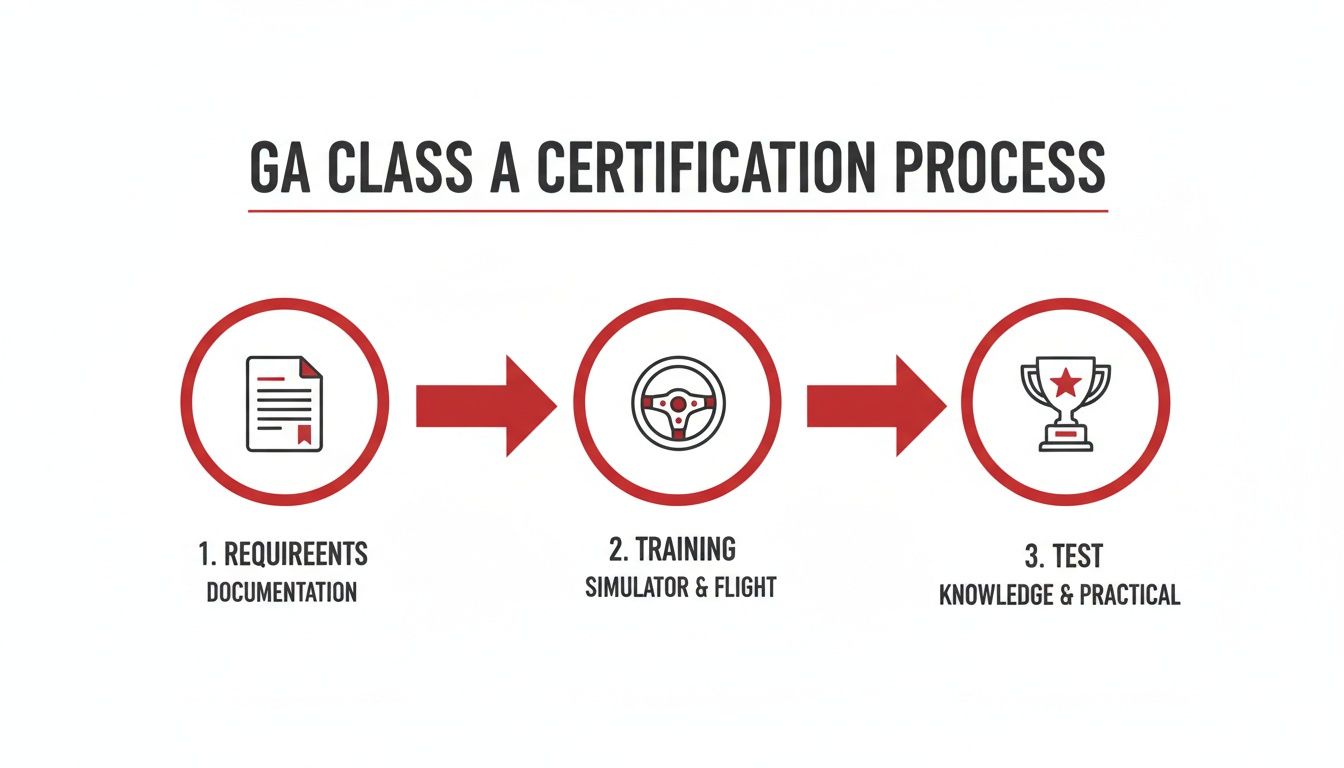 Infographic detailing the GA Class A certification process, from documentation to training and final tests.