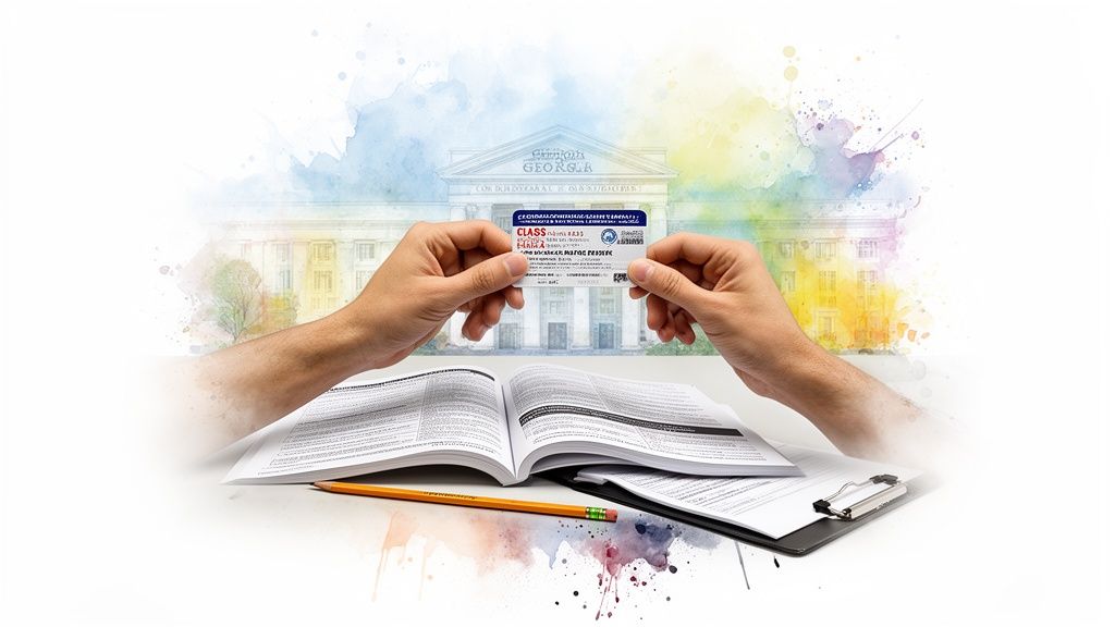 Hands hold a Class A license over an open book with a pencil, set against a watercolor Georgia building.