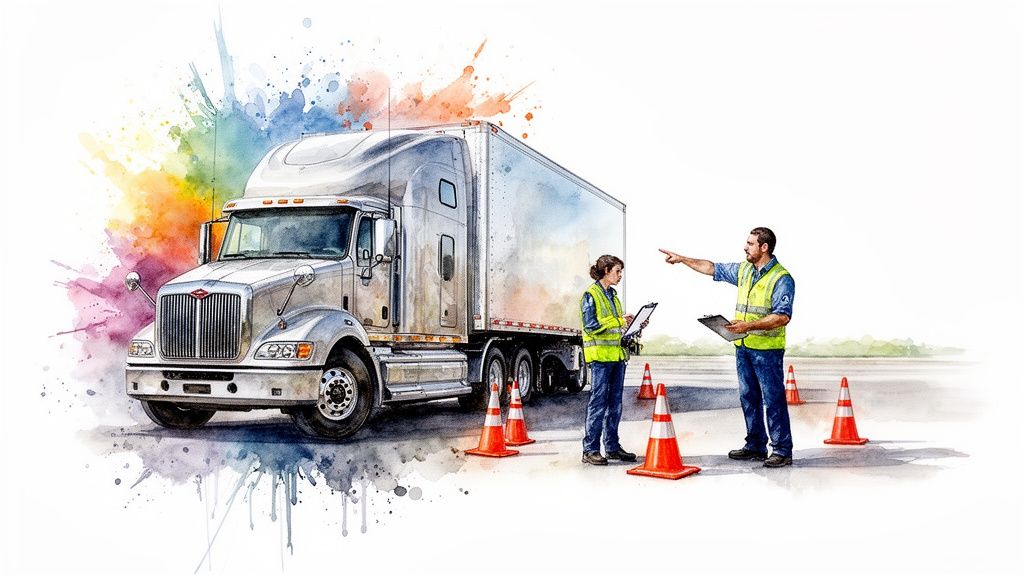 Two people in safety vests inspect a semi-truck with traffic cones, watercolor art style.