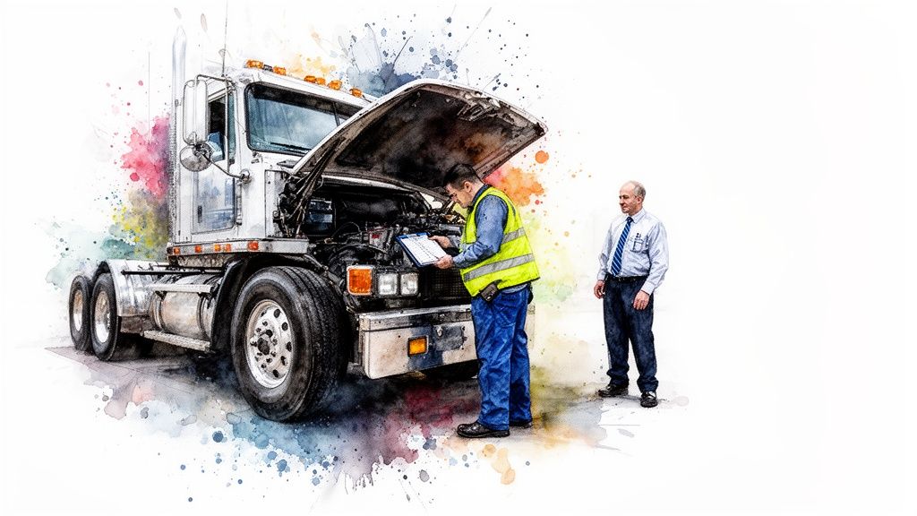 A mechanic in a yellow vest inspects a semi-truck engine with the hood open, as another man watches.