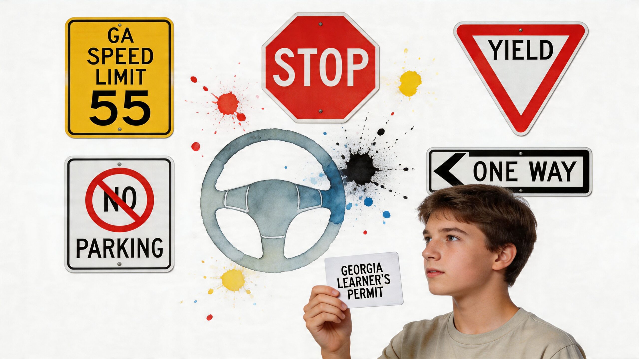 A teenager holding a Georgia learner's permit card surrounded by various road traffic signs and a steering wheel.