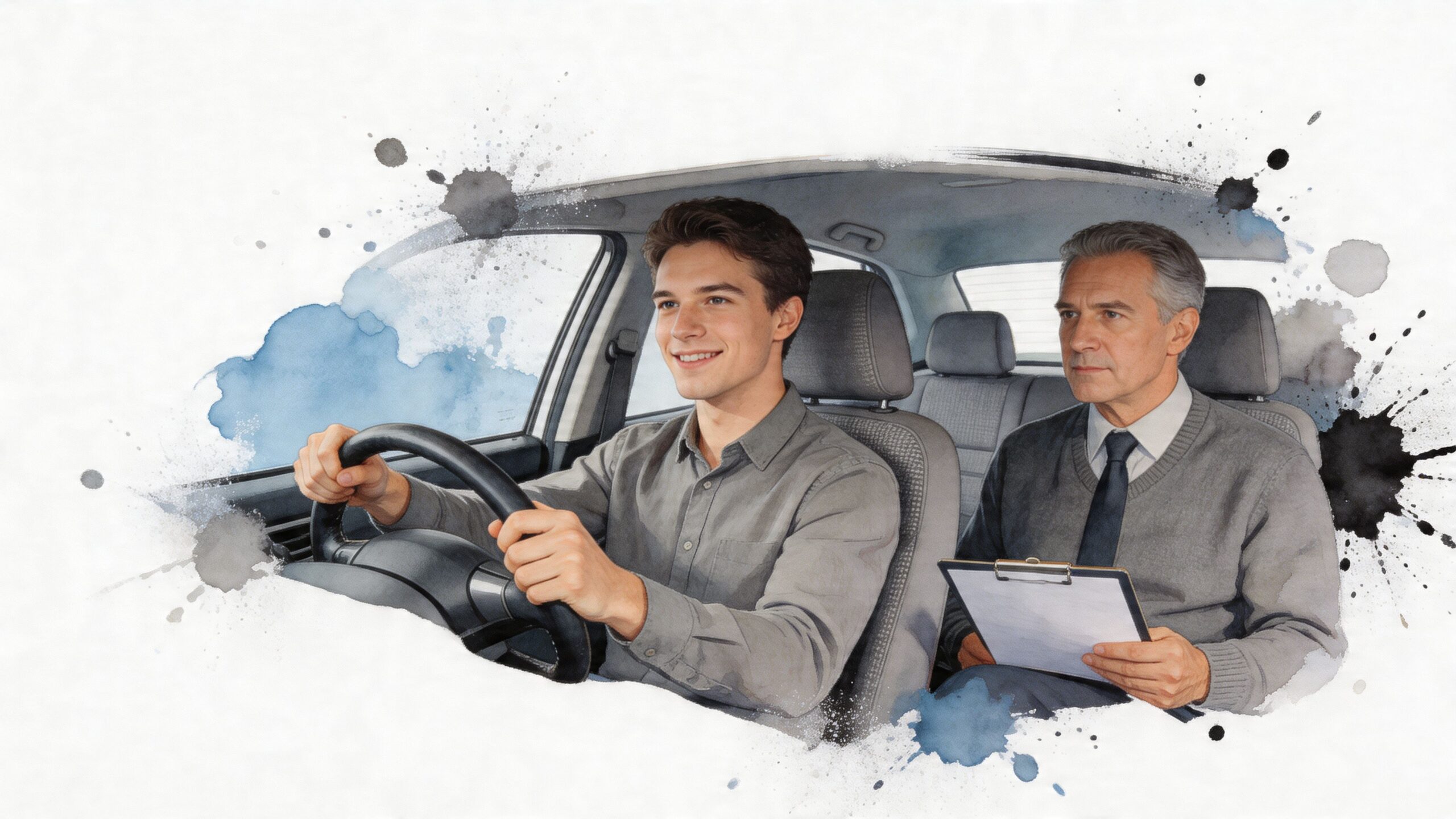 A young man taking a driving test with a professional instructor inside a modern car.