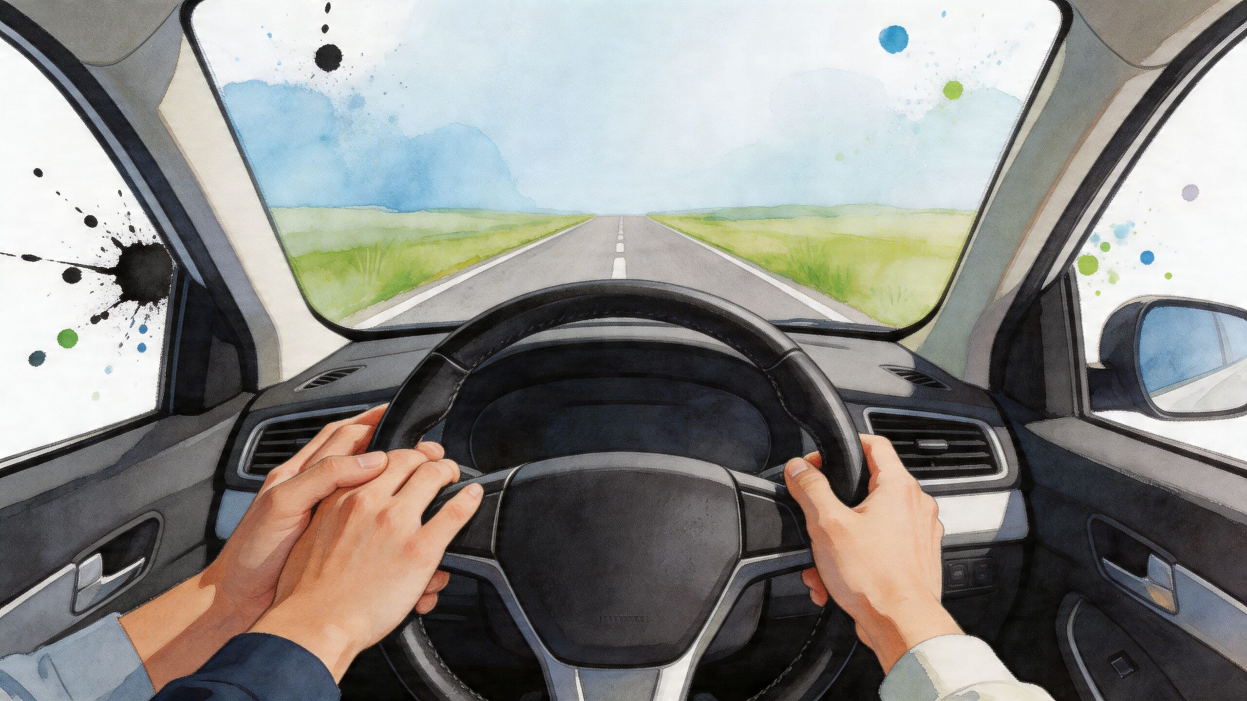 A first-person perspective inside a car showing two hands resting on the steering wheel while driving.