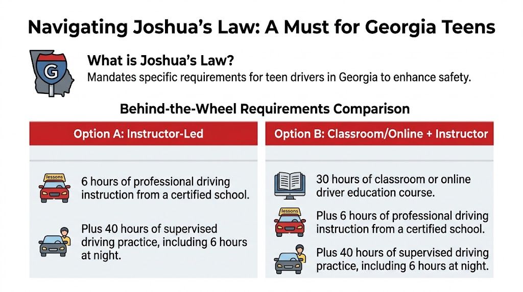 A comparison chart outlining Georgia's Joshua's Law requirements for teen driver education and supervised driving practice hours.