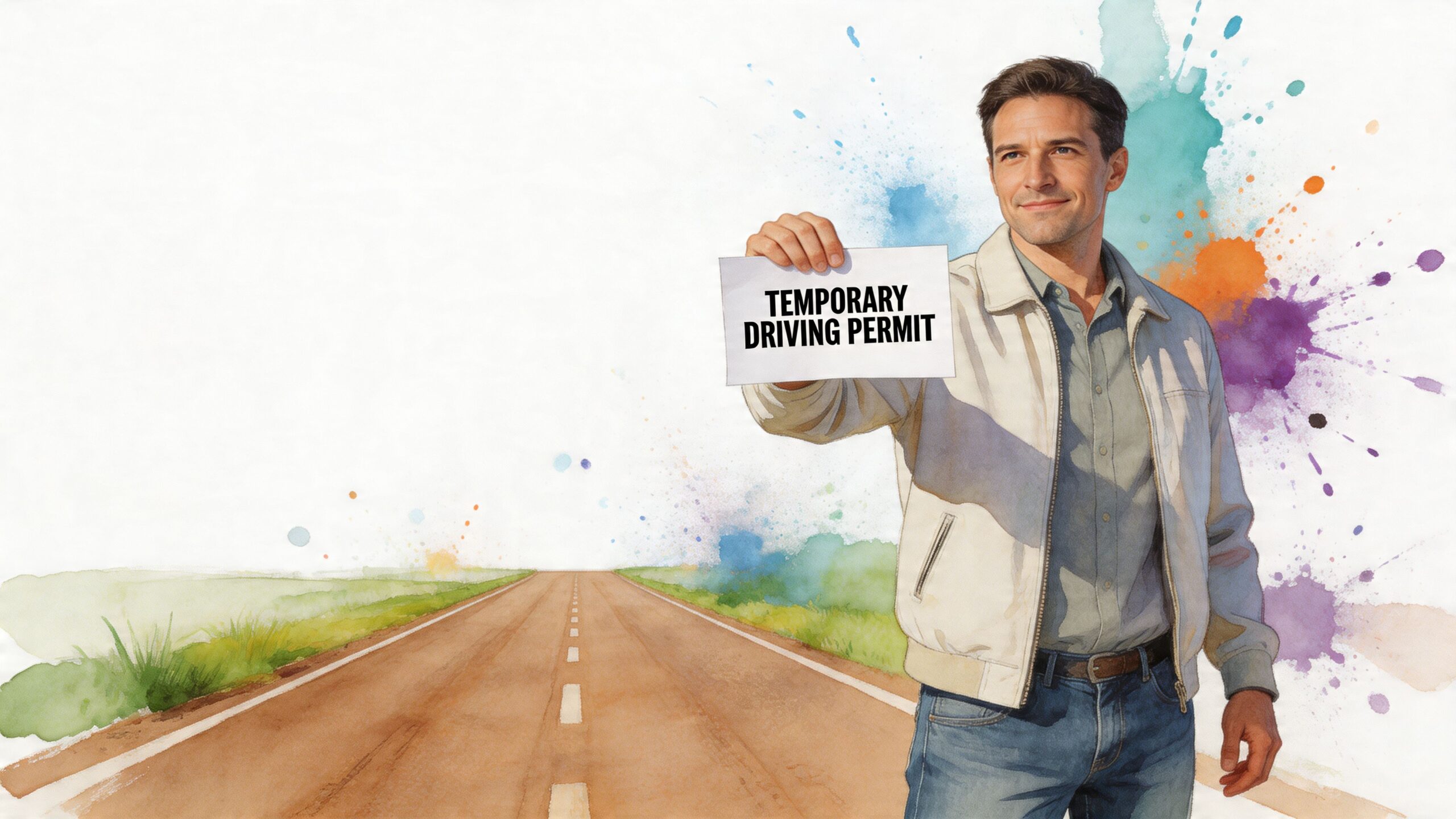 A man smiling and holding a sign that says Temporary Driving Permit, set against a watercolor background.