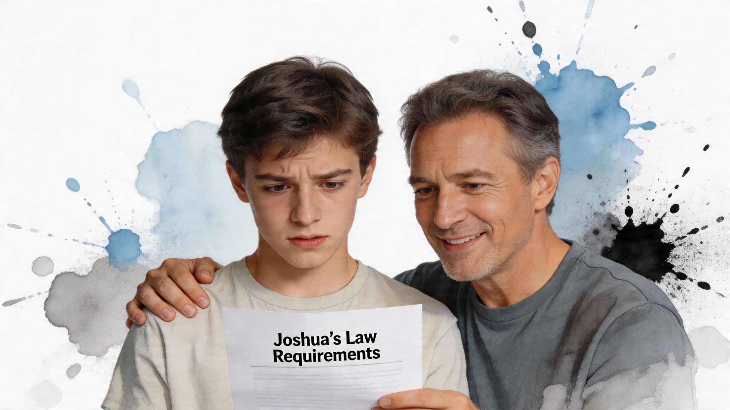 A father smiles while guiding his young son as he reads Joshua's Law driving requirements on paper.