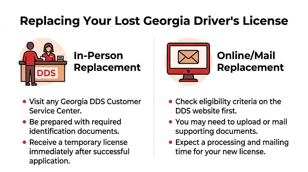 An infographic showing two methods to replace a lost Georgia driver's license: in-person or online/mail.