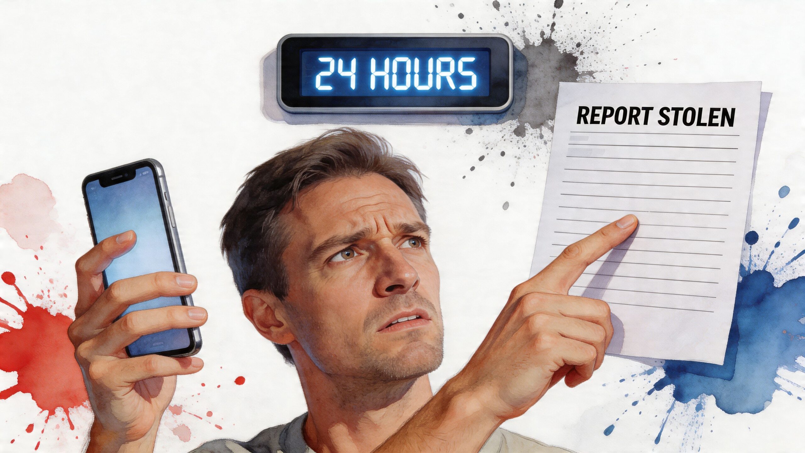 A concerned man holds a smartphone and a paper form labeled Report Stolen under a digital clock.