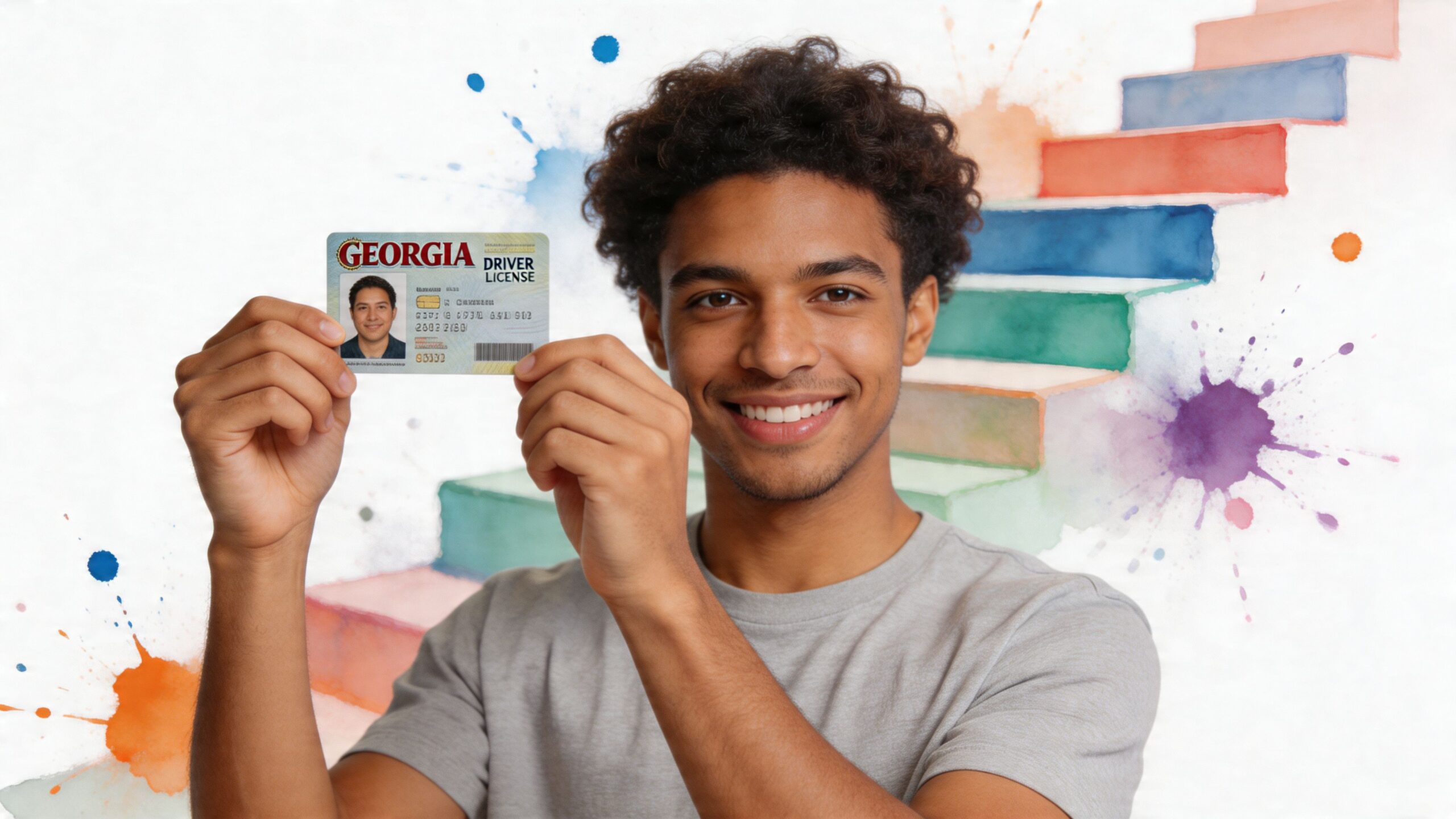 A young man smiling while holding his Georgia driver's license towards the camera for identification.