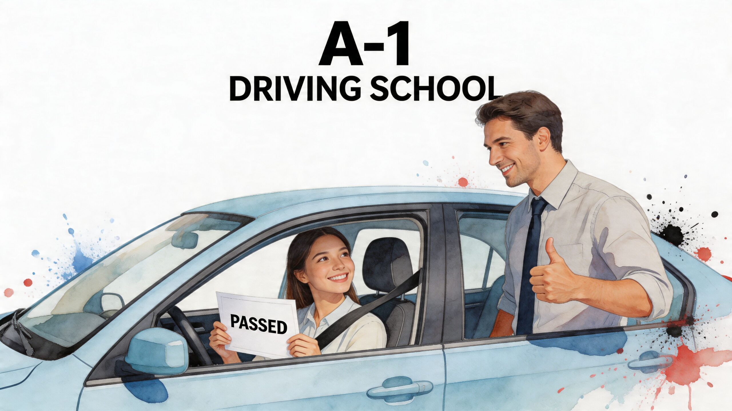 A happy driving student holding a passed sign while her instructor gives a thumbs up.