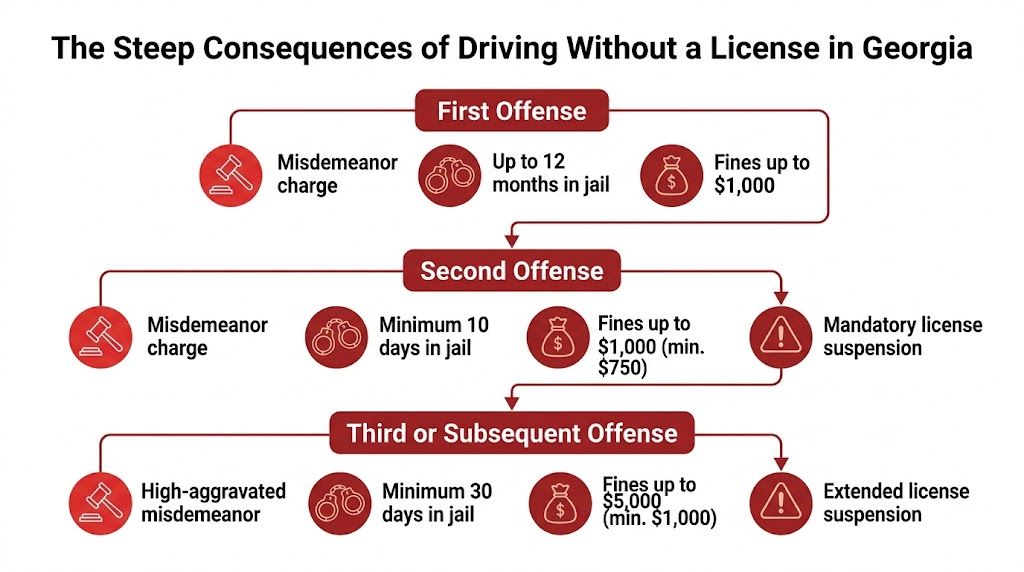 An infographic detailing the escalating legal penalties for driving without a valid license in Georgia.
