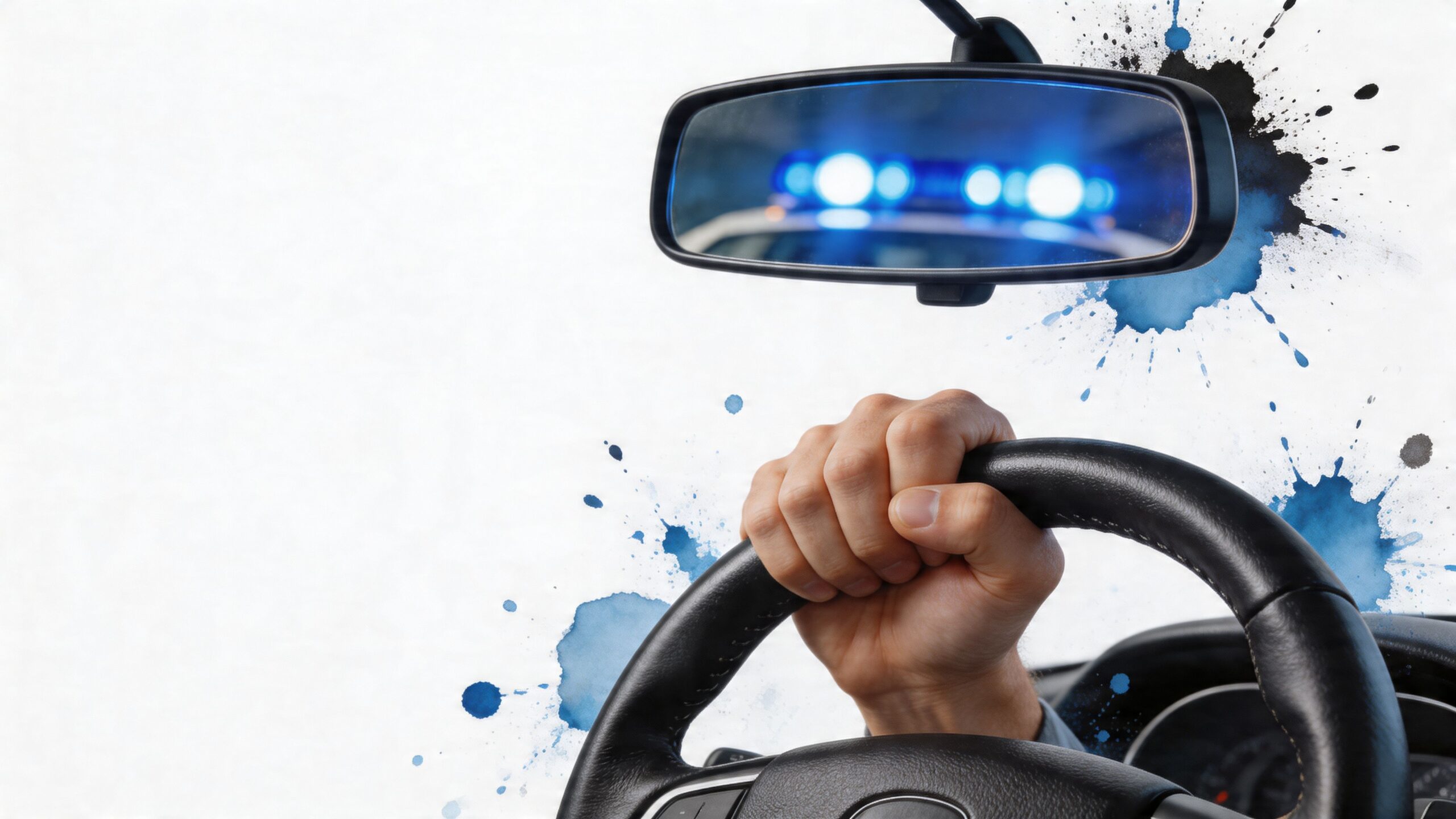A driver gripping a steering wheel while looking at police lights reflected in the rearview mirror.