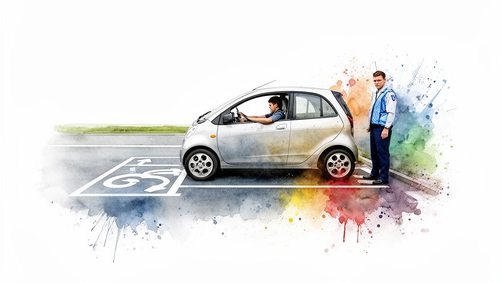A driver in a silver car parked in an accessible spot with an instructor standing nearby.