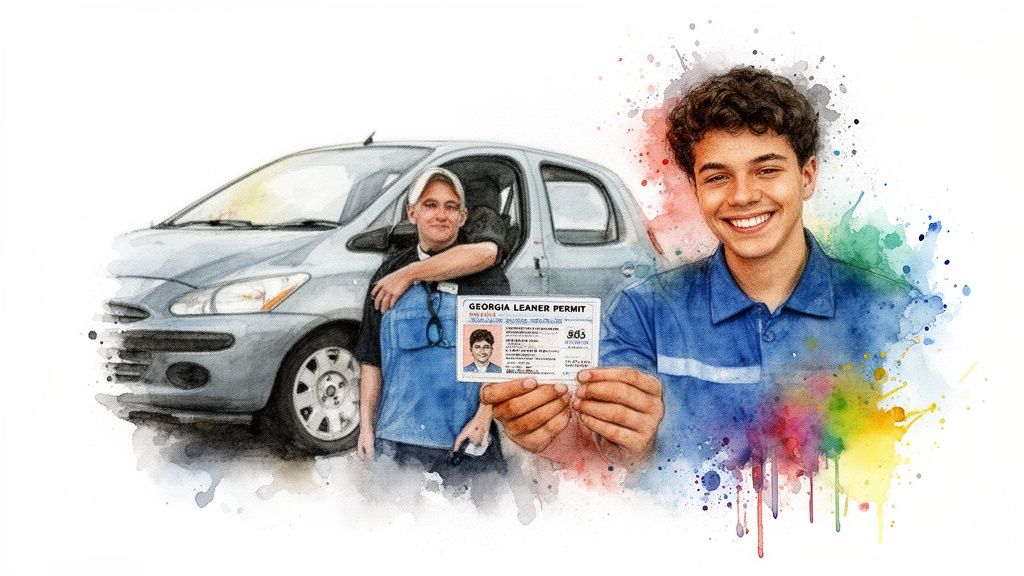 A smiling teenager proudly displays his Georgia Learner Permit with an instructor by a car.