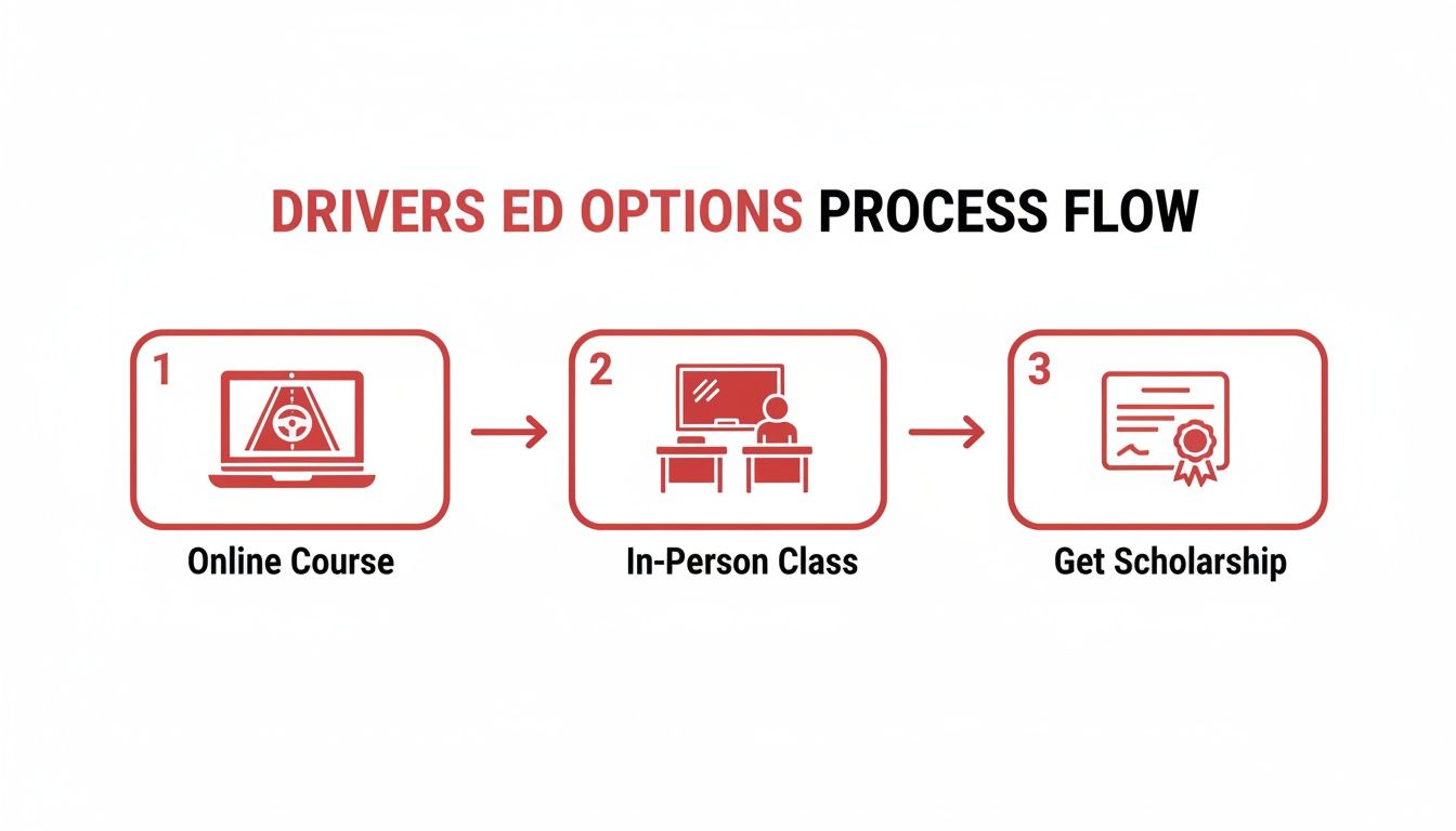 Flowchart showing three steps for driver's education options: online course, in-person class, and scholarship.