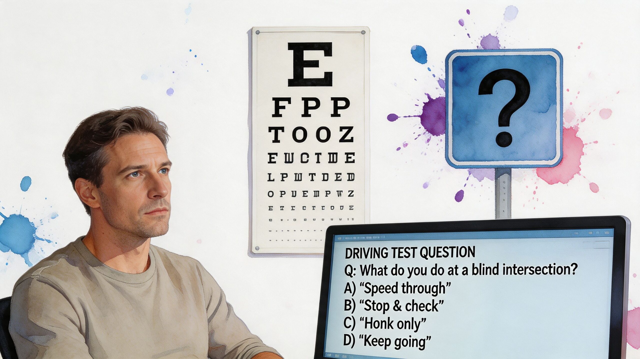 A man sits before a computer screen displaying a driving test question about blind intersections next to an eye chart.